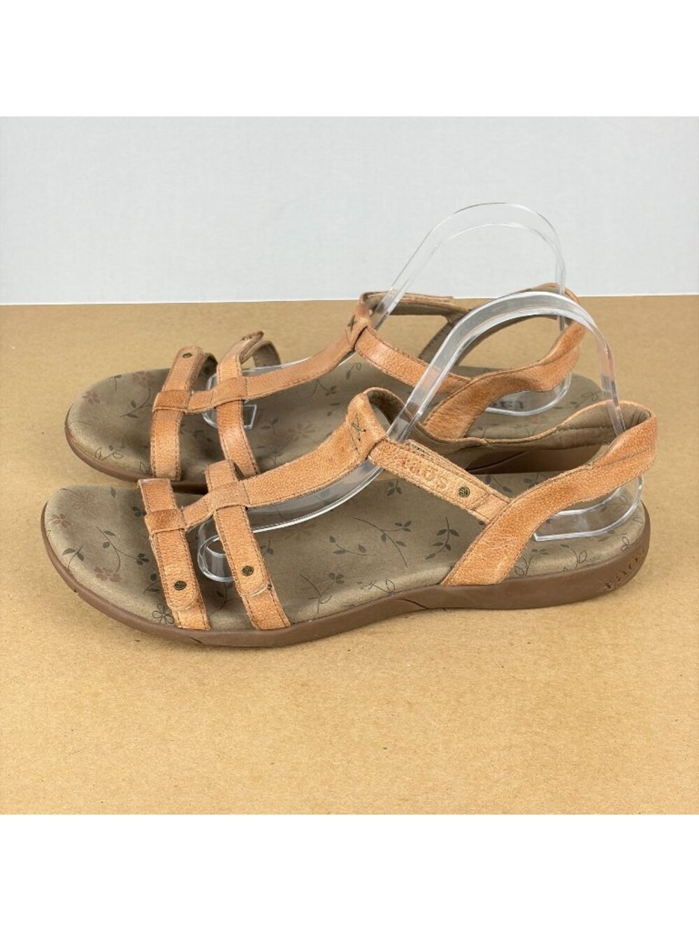 Taos Trophy 2 Leather Sandals Womens 12 Tan T-Strap Ankle Strap Hook and Loop